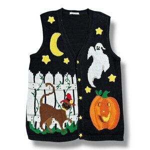 Vtg Halloween Sweater Vest Retro Cat Pumpkin Ghost Holiday Teacher Knit 20.5x29”